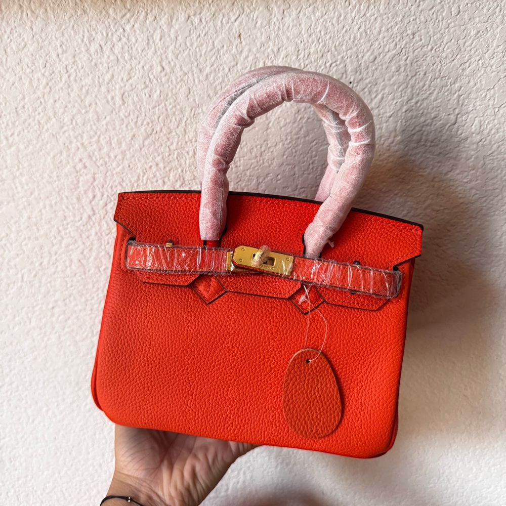 House of Hello Orange Leather Mini 20 BK Structured Bag Belted Satchel S16